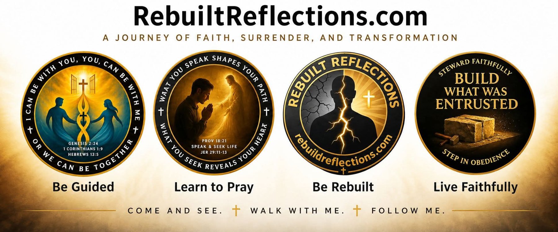 Four medallions: Be Guided, Learn to Pray, Be Rebuilt, Live Faithfully, with the invitations Come and See, Walk with Me, Follow Me