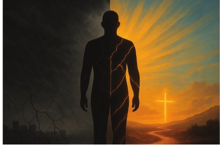 A figure walks from darkness toward a sunlit path and cross, artwork from the Rebuilt Reflections media kit